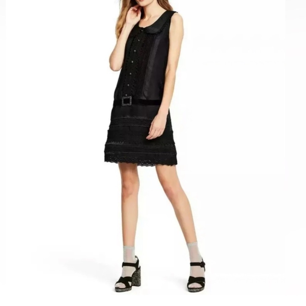 Anna Sui Black Sleeveless Peter Pan Collar Lace-Trim Mini Dress